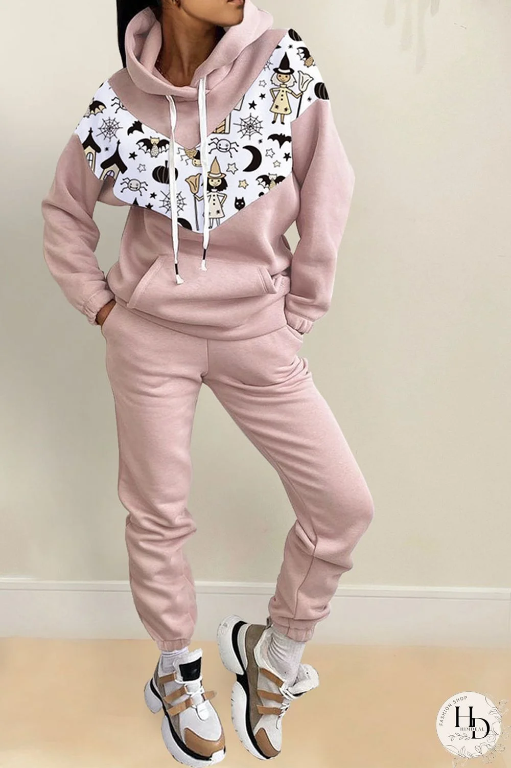 Pink Casual Print Split Joint Hooded Collar Long Sleeve Two Pieces