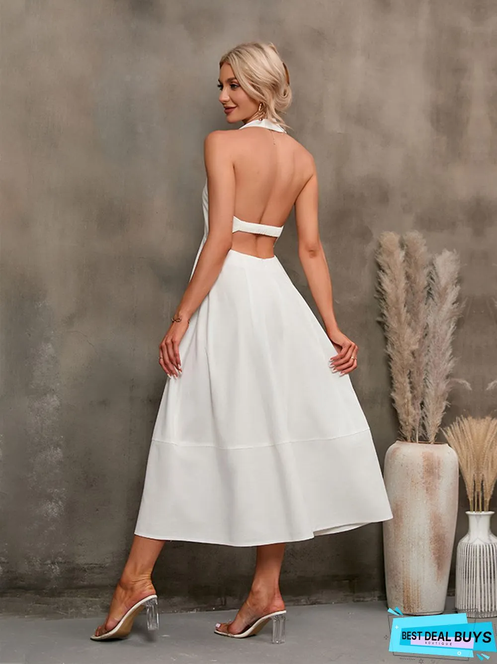 Solid Color Backless Sleeveless Wrap Long Dress
