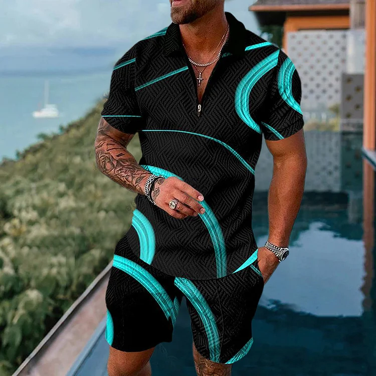 Men's casual black and green gradient Print Polo suit