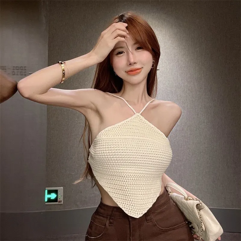 Uveng Uveng French Hanging Neck Sling Female Feel Back Knitted Solid Color Vest Outside Wearing Bra Sleeveless Top Tide