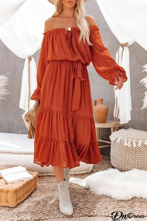 Layer Ruffles Off Shoulder Belted Maxi Dress