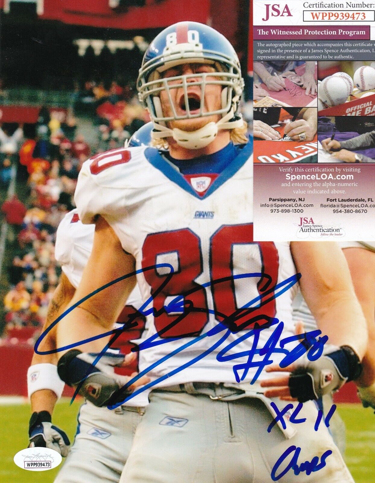 JEREMY SHOCKEY NEW YORK GIANTS XLII SB CHAMPS JSA AUTHENTICATED SIGNED 8X10