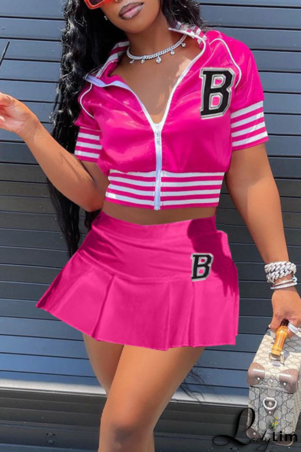 Blue Casual Street Print Split Joint Zipper Collar Short Sleeve Two Pieces