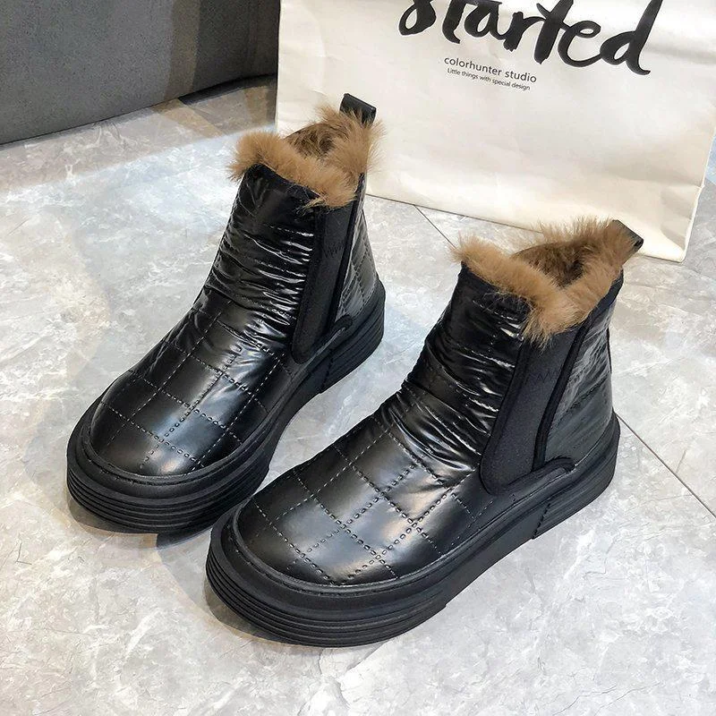 Antiskid Snow Boots,Women's Winter Platforms,Warm Rabbit Fur Cotton Shoes,Round Toe,Thick Sole,Female Footware,Black,Gold,Silver