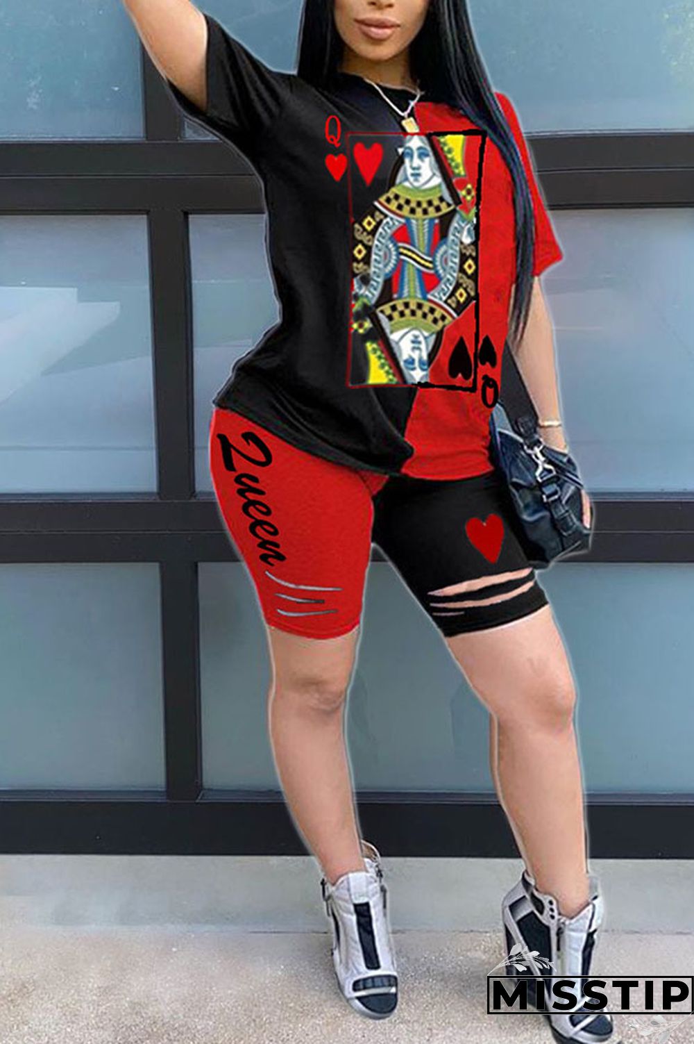 Blue venetian Fashion Casual Patchwork Print Two Piece Suits pencil Short Sleeve Two Pieces