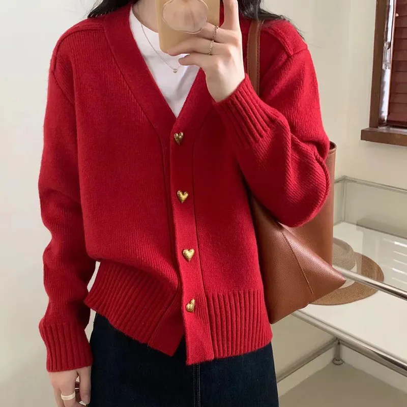 Churchf Churchf Winter New Korean Version Loose Lazy Wind Pure Color Knit Cardigan Jacket Women's Single Breasted Casual Sweater Coat