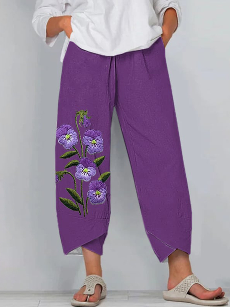 Comstylish Women's Purple Flower Print Alzheimer's Awareness Support Pants