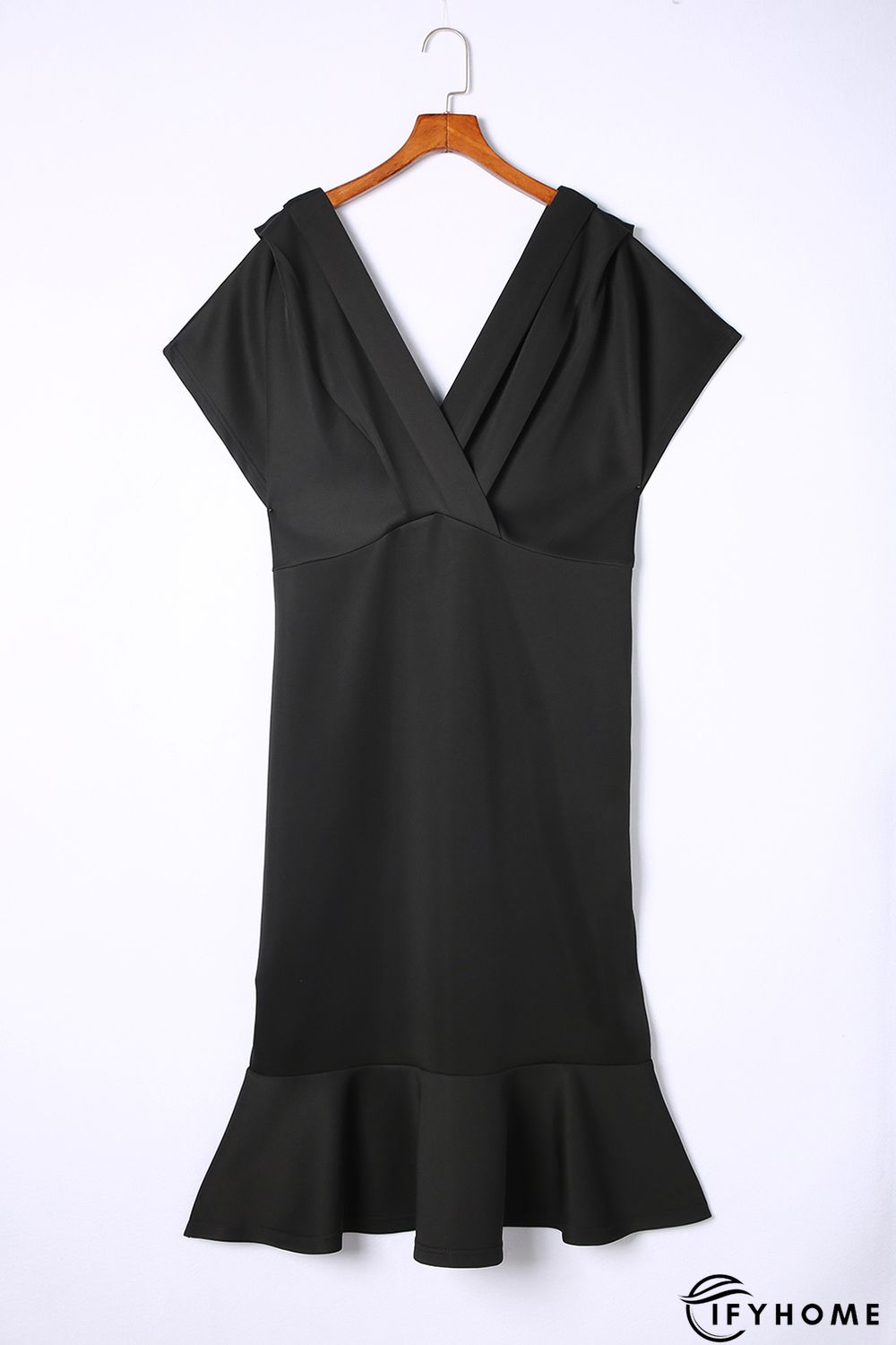 Black Plus Size Pleated V Neck Ruffle Hem Bodycon Dress | IFYHOME