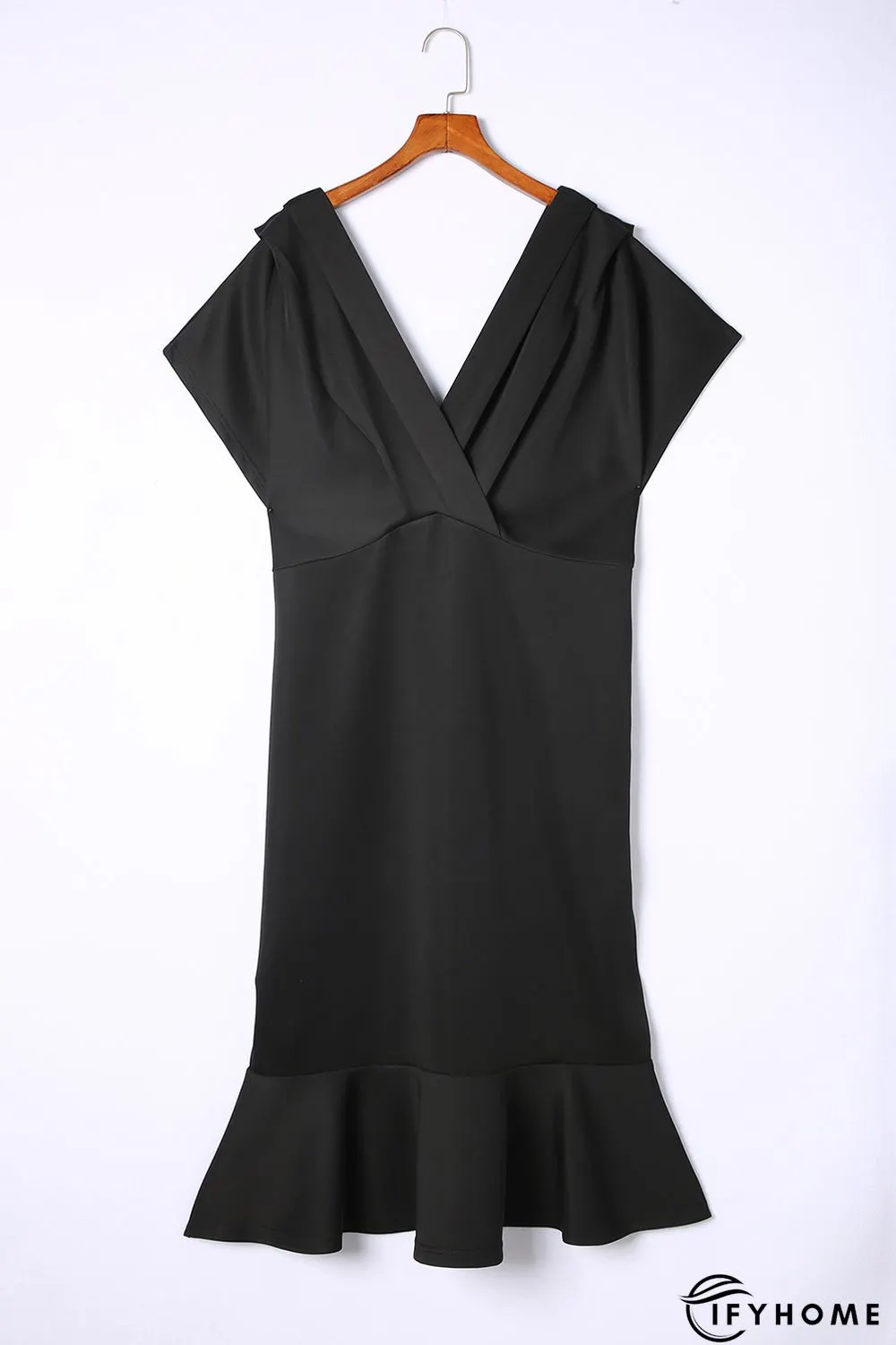 Black Plus Size Pleated V Neck Ruffle Hem Bodycon Dress | IFYHOME