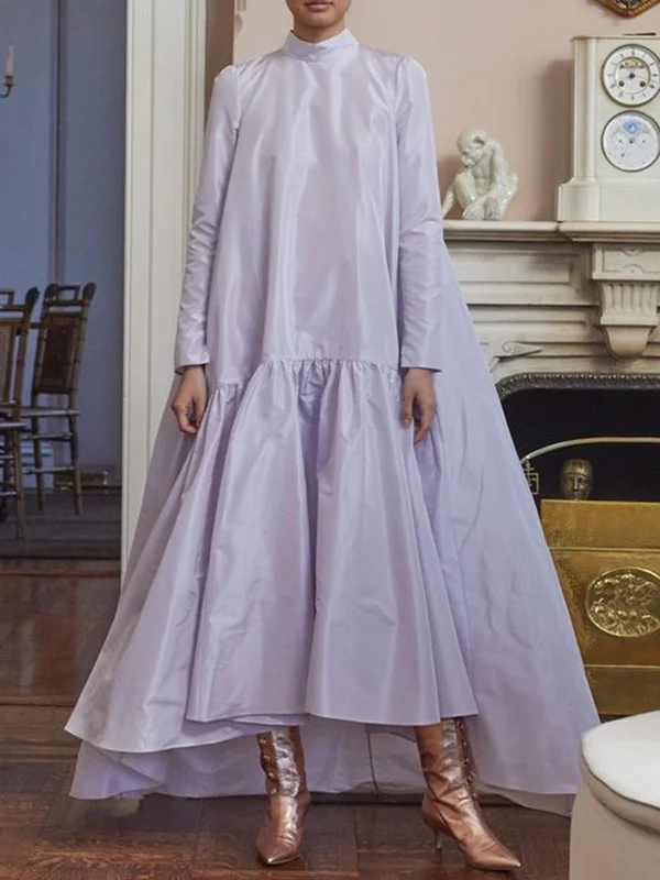 A-Line High-Low Falbala Solid Color Half Turtleneck Maxi Dresses