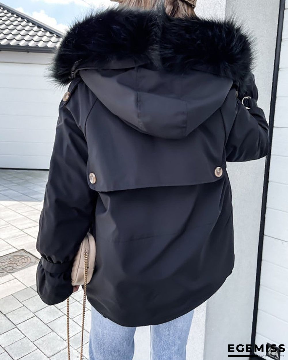 Faux Fur Patch Pocket Zipper Design Hooded Parker Coat | EGEMISS