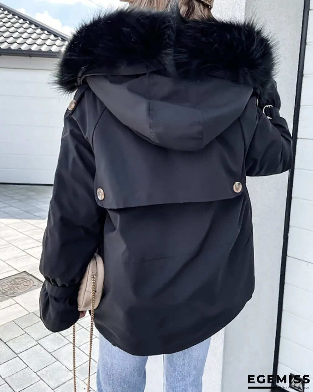 Faux Fur Patch Pocket Zipper Design Hooded Parker Coat | EGEMISS