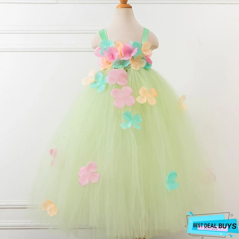 Toddler Girls' Children's Day Party Dress Floral Party Dress Maxi Dress Performance Mesh Off Shoulder Sleeveless Active Dress 3-7 Years Spring Light Green
