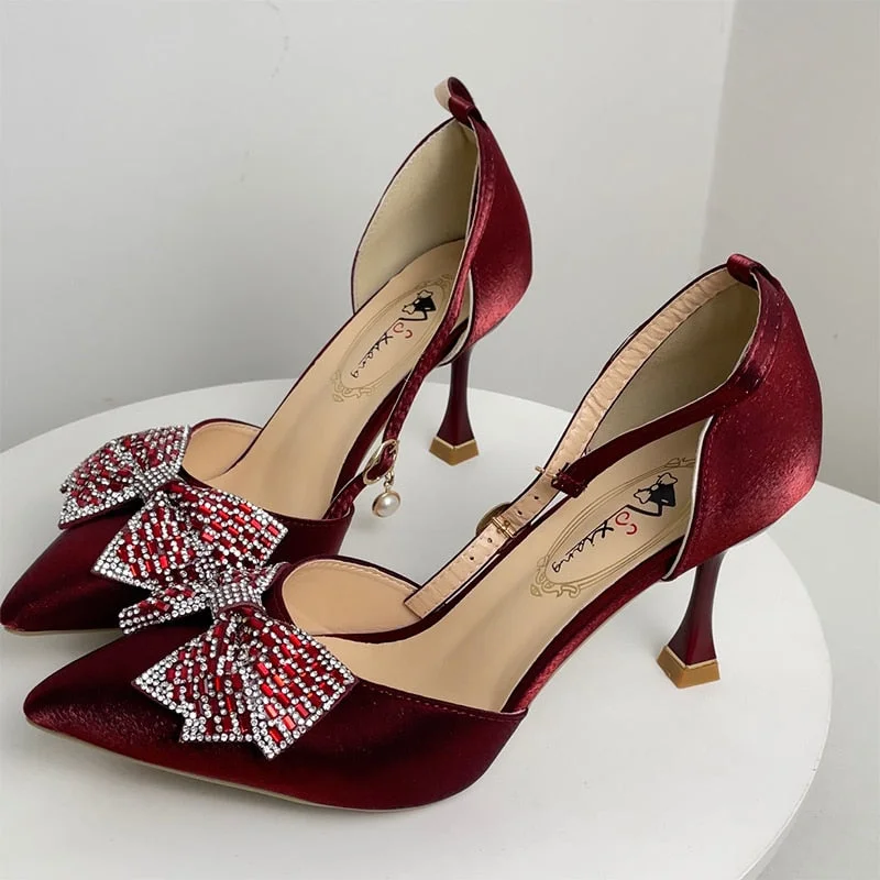 Elegant Ladies Ankle Strap Pumps Crystal Bow Stiletto High Heels Shoes Woman Sexy Pointed Toe Silk Wedding Shoes For Women Bride