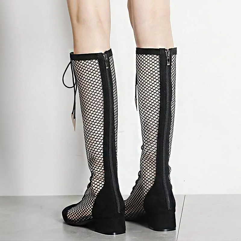 2021 Summer New Black Thick Heel Strap High Boots Ladies Breathable Hollow Mesh Fashion Boots
