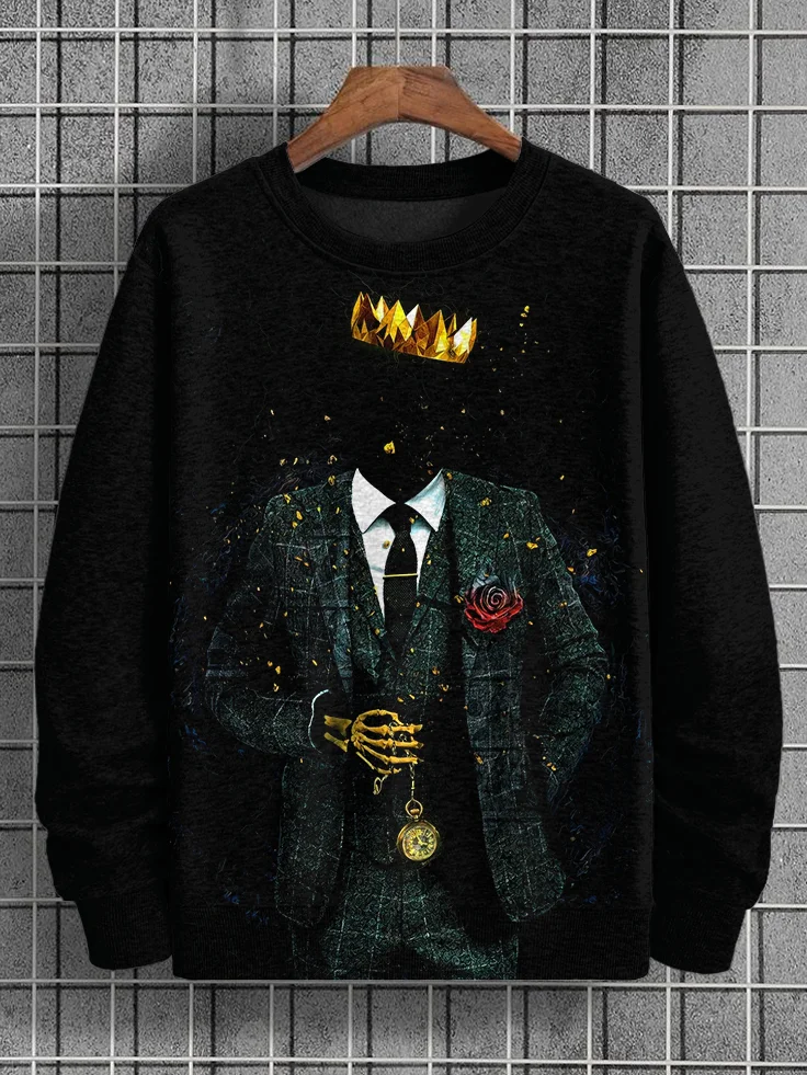 Men's Skeleton King Gentleman Holding Pocket Watch Print Casual Sweatshirt
