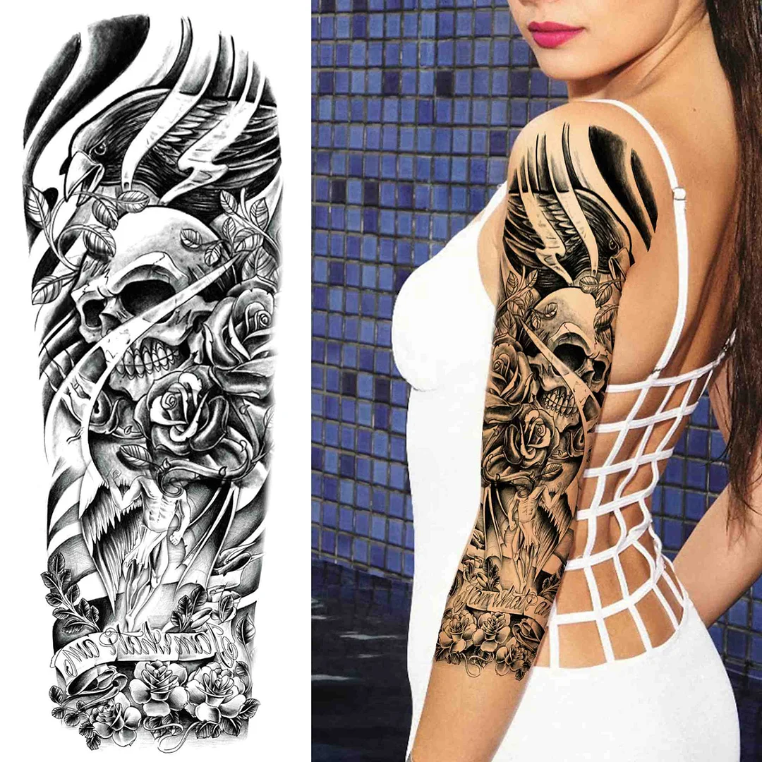 Sexy Girl Flower Temporary Tattoos For Women Men Black Lion Triangle Tattoo Sticker Fake Tribal Full Arm Sleeve Tatoos Paste 530