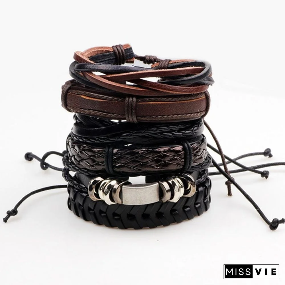 6pcs/set Vintage Punk Leather Bracelet Wristband Bangle Men Jewellery Gift