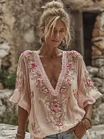 Retro Bohemian Floral Pattern Women's Short-sleeve Top