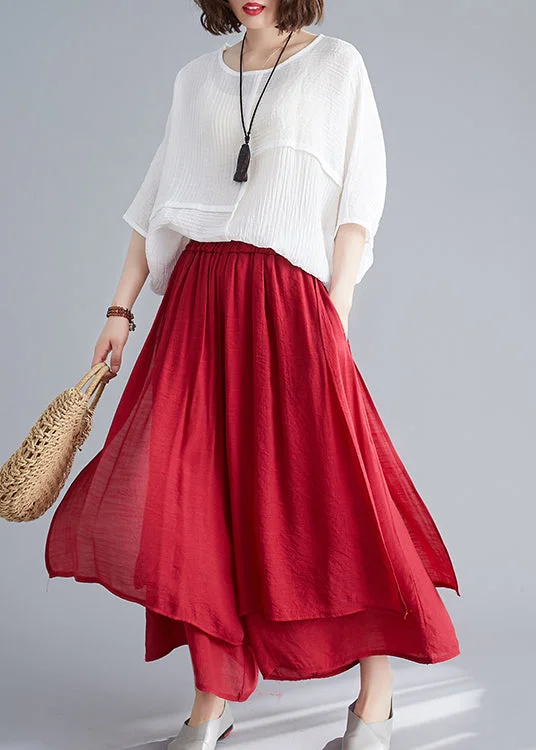 Style Red Elastic Waist Draping Linen Wide Leg Pants Summer