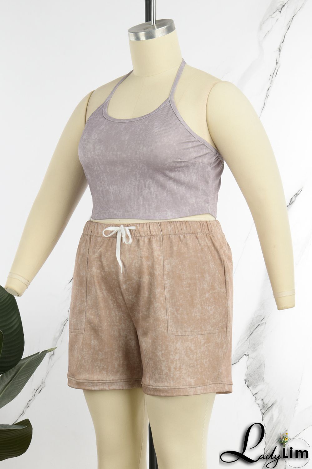 Rose Red Casual Print Patchwork Spaghetti Strap Plus Size Two Pieces