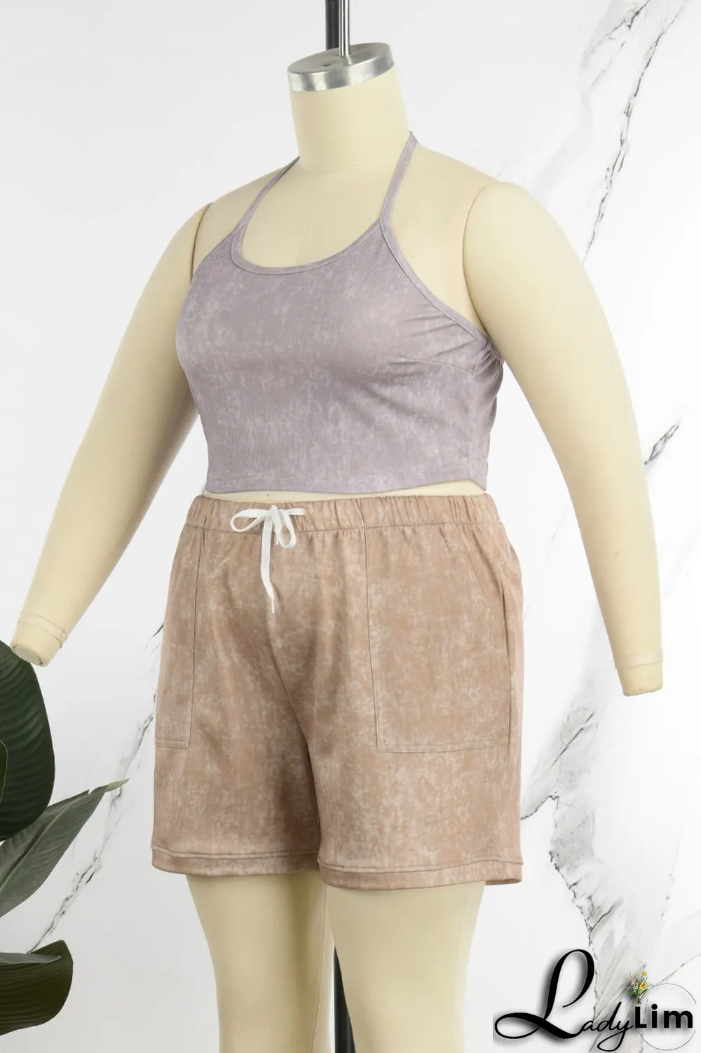 Rose Red Casual Print Patchwork Spaghetti Strap Plus Size Two Pieces