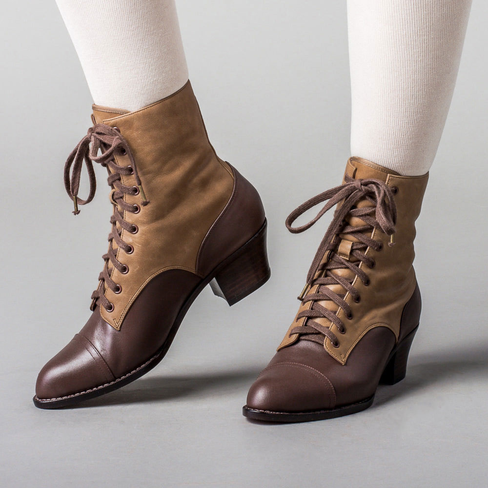 Tan & Brown Patchwork Almond Toe Chunky Heel Ankle Boots with Lace-Up Nicepairs