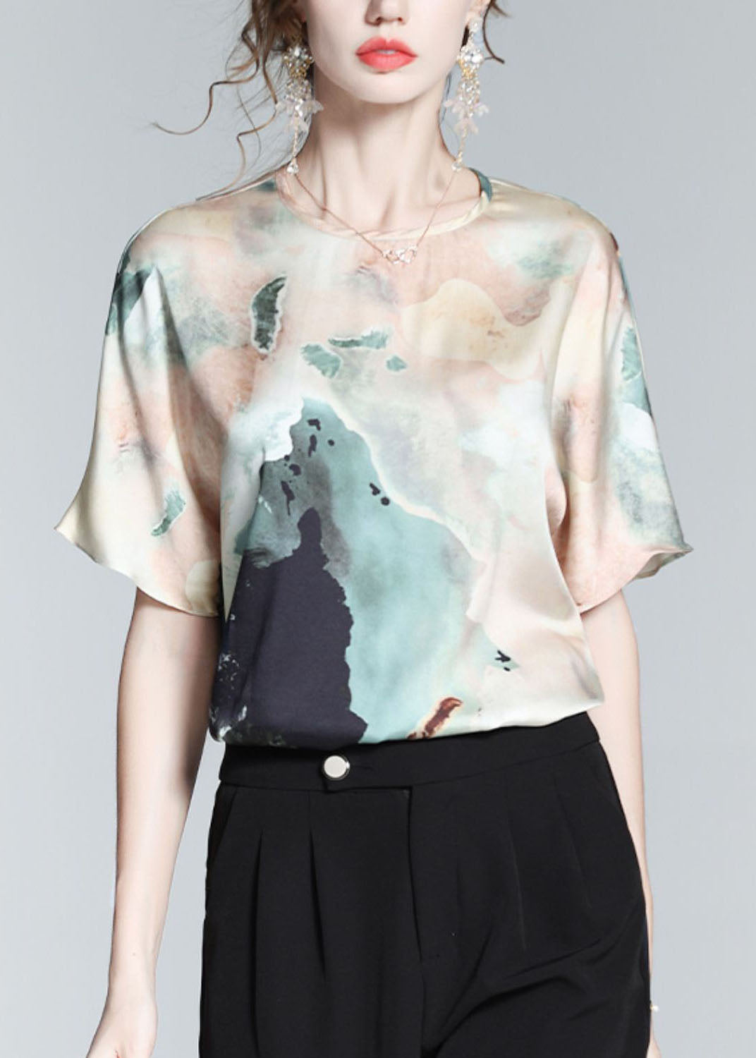 VCSHOES Colorblock O Neck Print Silk T Shirt Top Summer