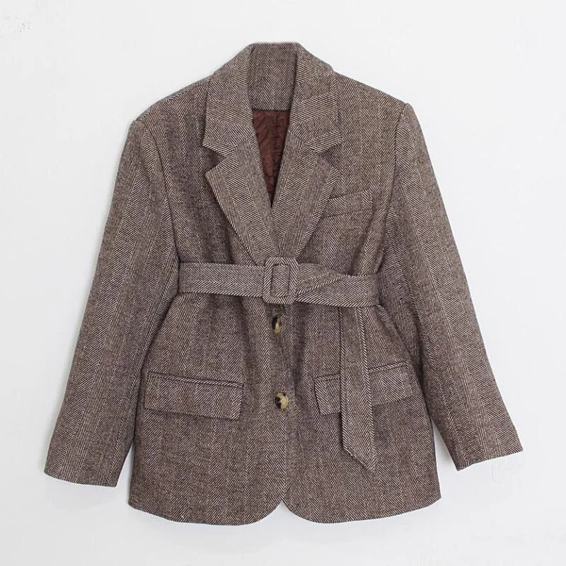 Aachoae Women Autumn Winter Wool Coats With Belt Casual Turn Down Collar Long Sleeve Pocket Outerwear Female Elegant Office Coat