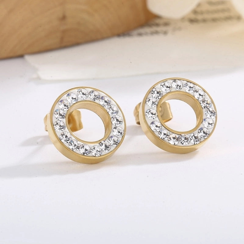 1 Pair Minimalist Round Solid Color Inlay Stainless Steel Crystal Rhinestones 18K Gold Plated Ear Studs