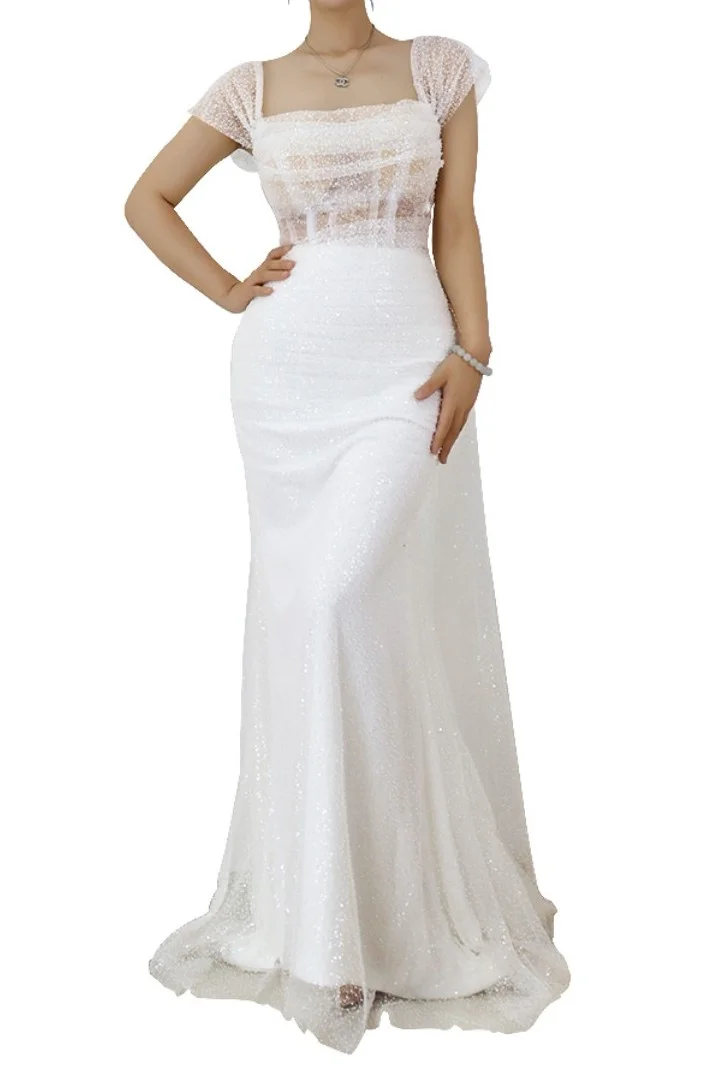 Elegant Prom Dress Long Tulle White Spaghetti Strap Sleeveless YX00018