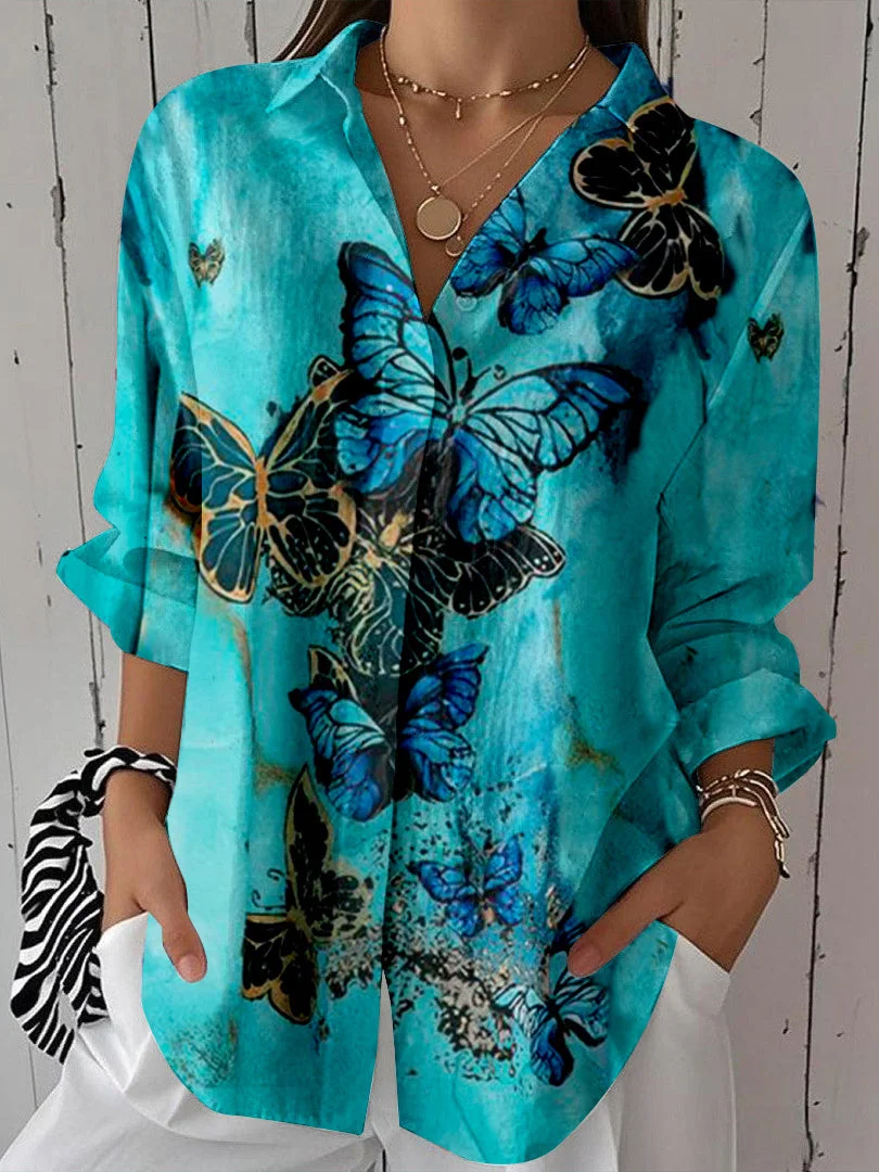 Women 3/4 Sleeve Shirt Collar Floral Printed Graphic Button Tops