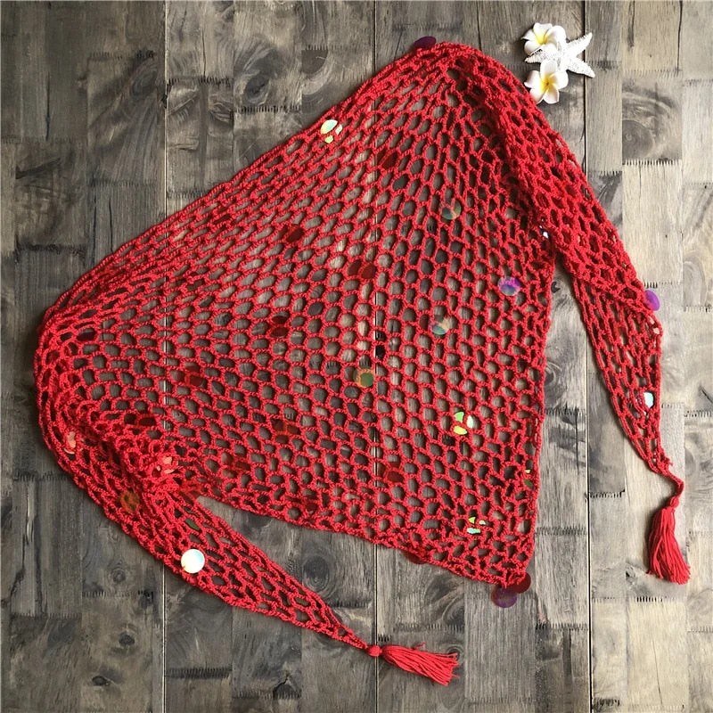 Fitshinling Sequined handmade crochet mesh beach cover up cape swimwear lace sexy hot fringe outerwear bohemian strappy cover-up