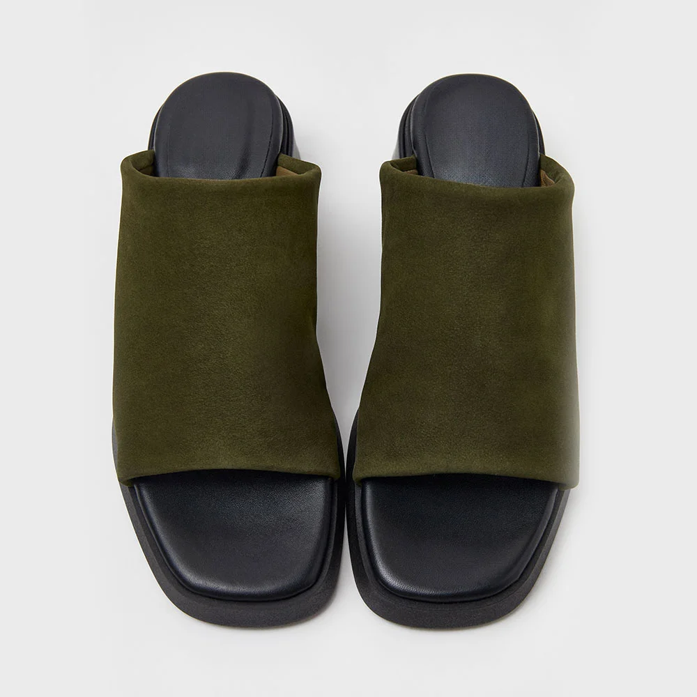 Olive Square Toe Platform Women's Mules Shoes with Chunky Heel