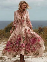 Vintage Boho Roses Print V Neck Long Sleeve Flowy Maxi Dress