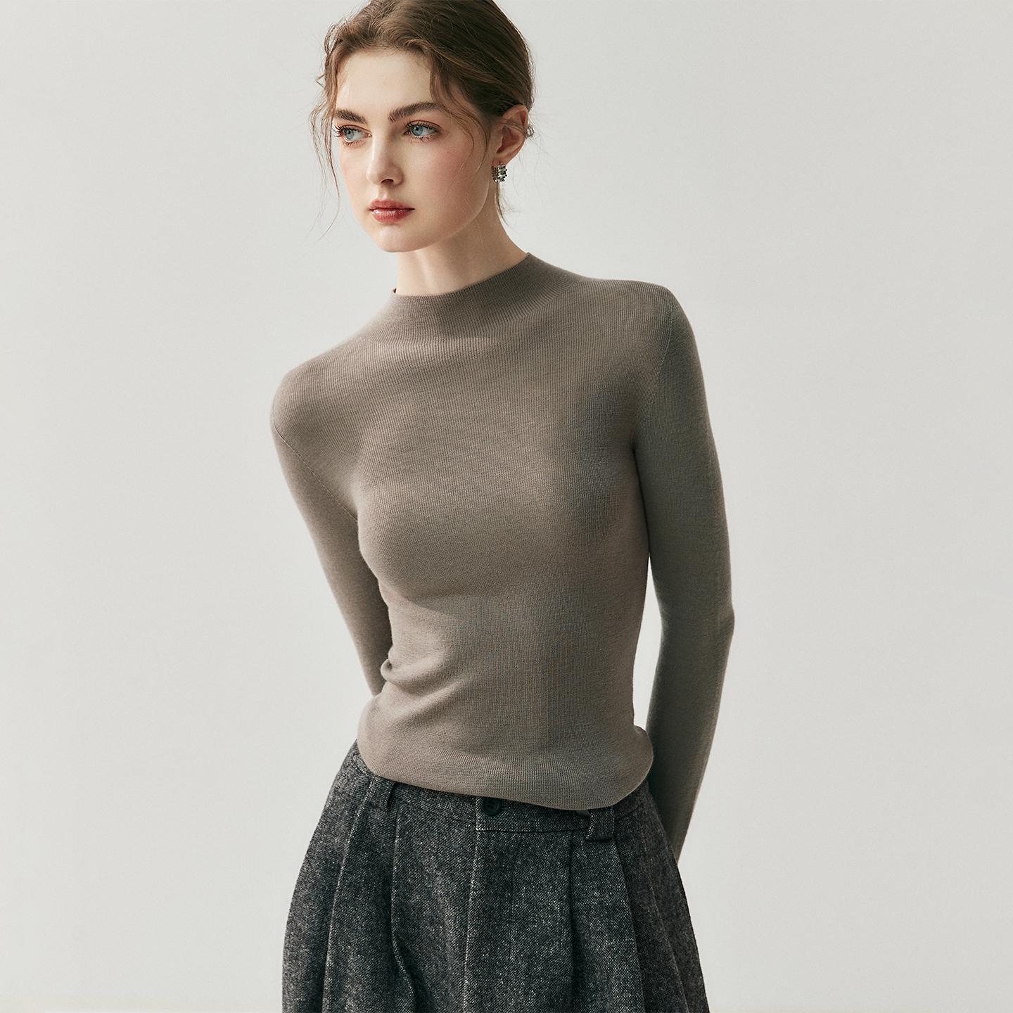 Women's Slim Mock Neck Lightweight Cashemre Knit Top REAL SILK LIFE