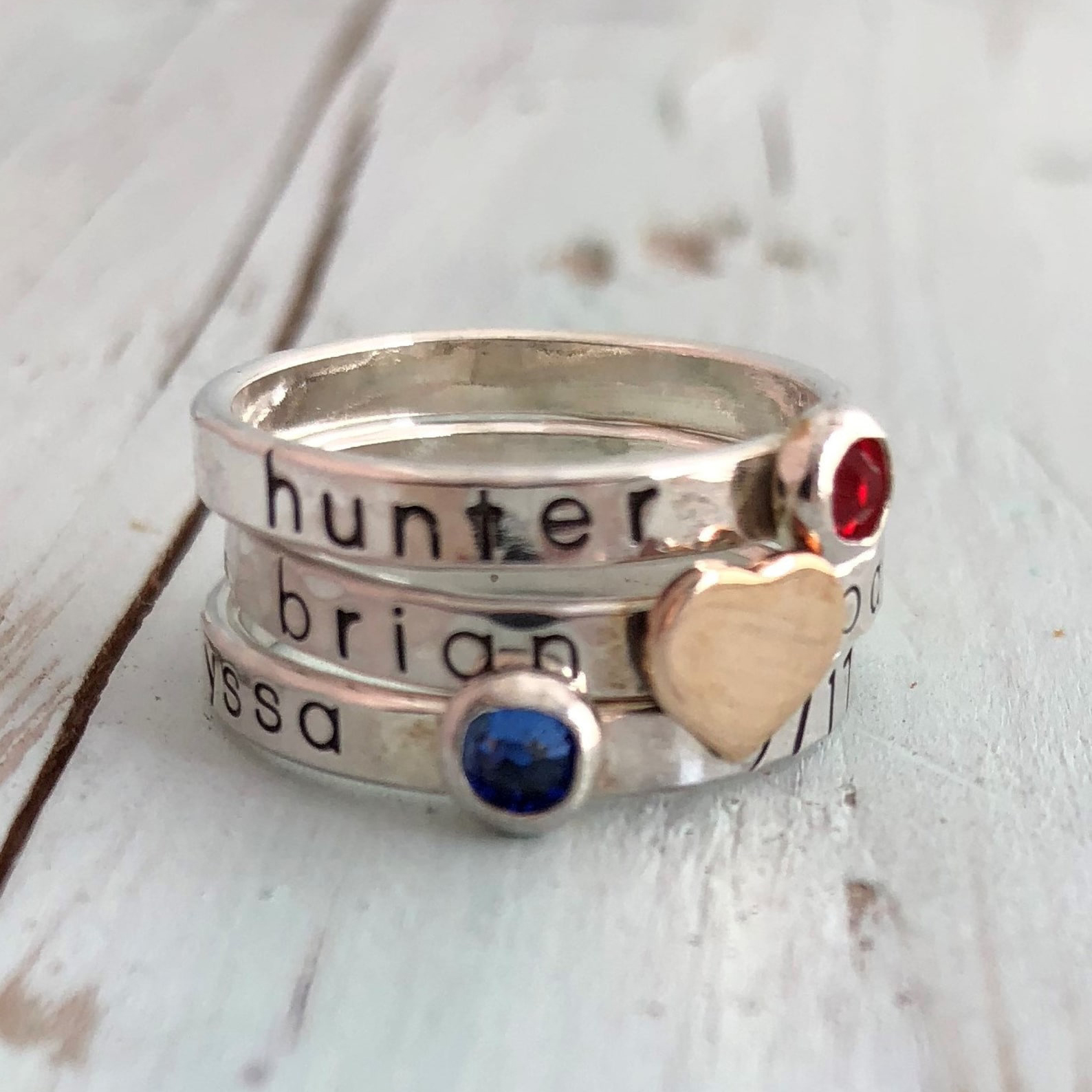 Hammered Name and Birthdate Birthstone Ring