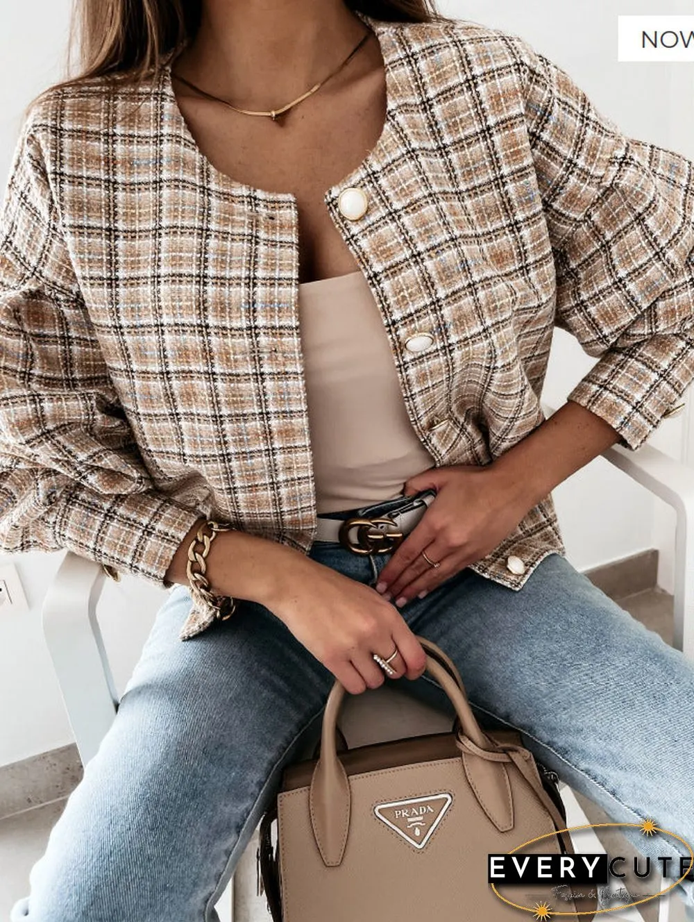 Round Neck Plaid Button Down Blouse Top