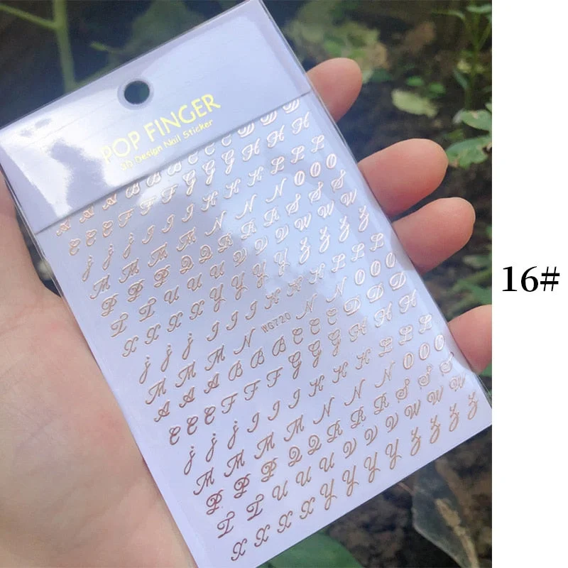 1 Sheet New Roman English Alphabet Number 3D Nail Stickers Christmas Animals iridescent Gold Silver Word Small Letters Nail