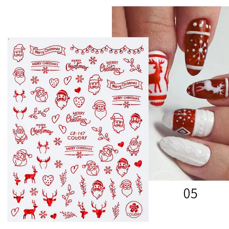 Winter Xmas 3D Nail Sticker Christmas Elk Santa Snowflake Rabbit Cartoon Slider Design Polish Nails Decals Nail Art DIY Decor-Nail Inspo