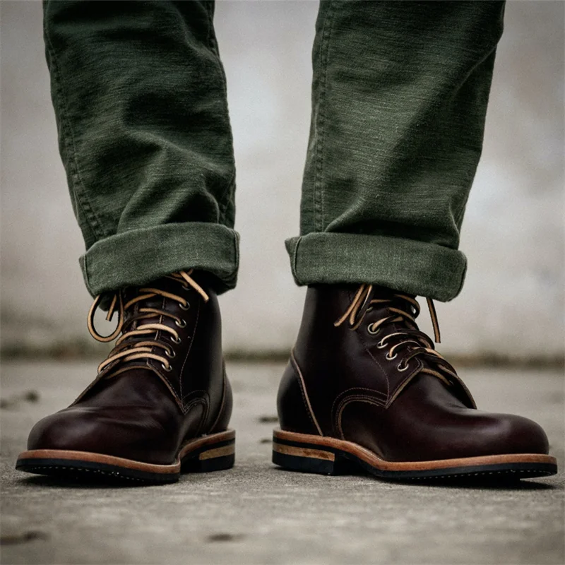 Men's Retro Round Toe Polished Lace-up Short Boots