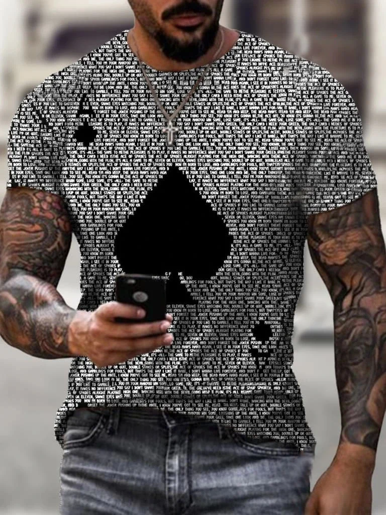 Artistic Ace Of Spades Playing Card Letter Print Men's T-shirt