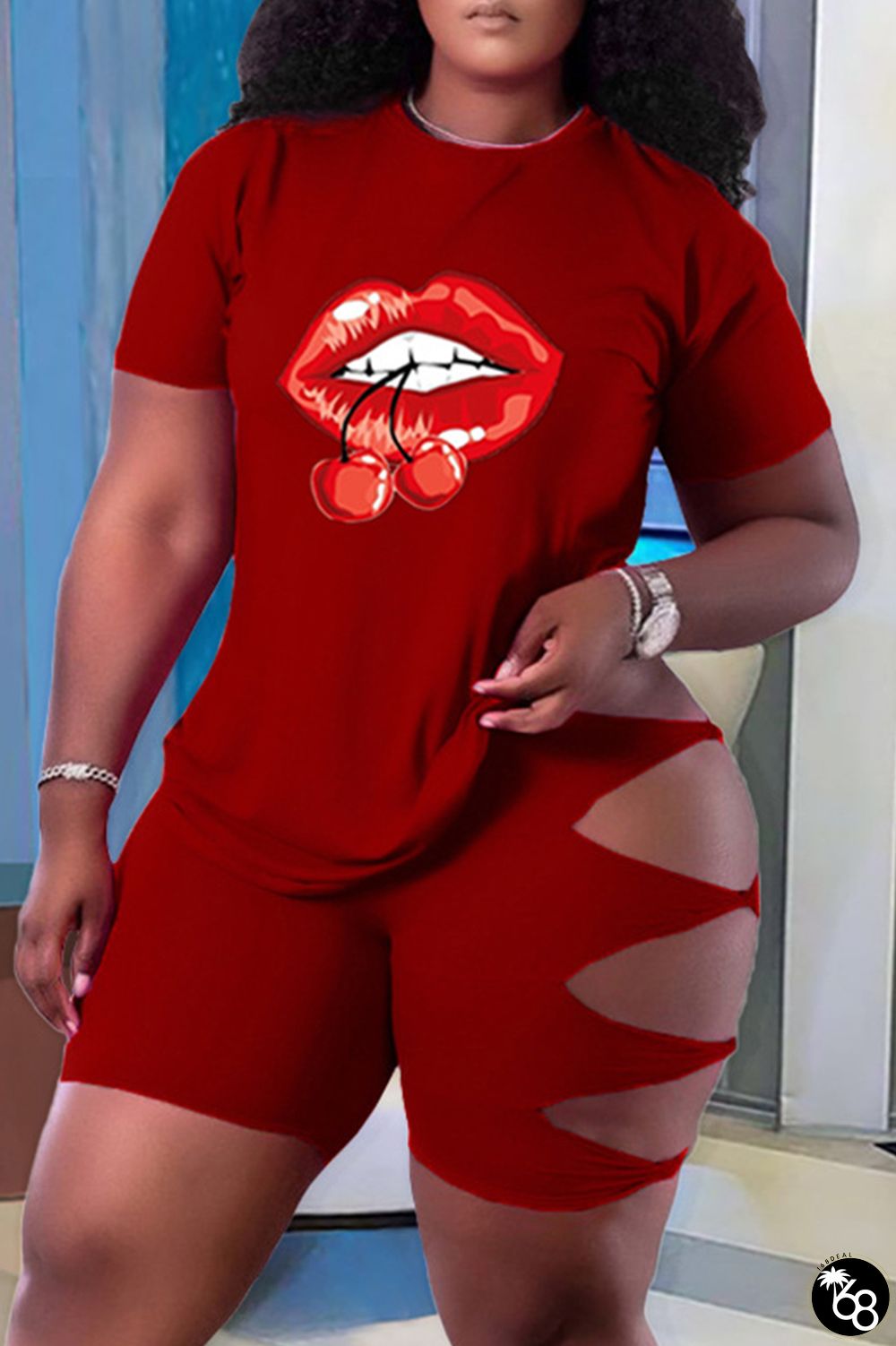 Fashion Casual Lips Printed Ripped Hollowed Out O Neck Plus Size Two Pieces | 168DEAL