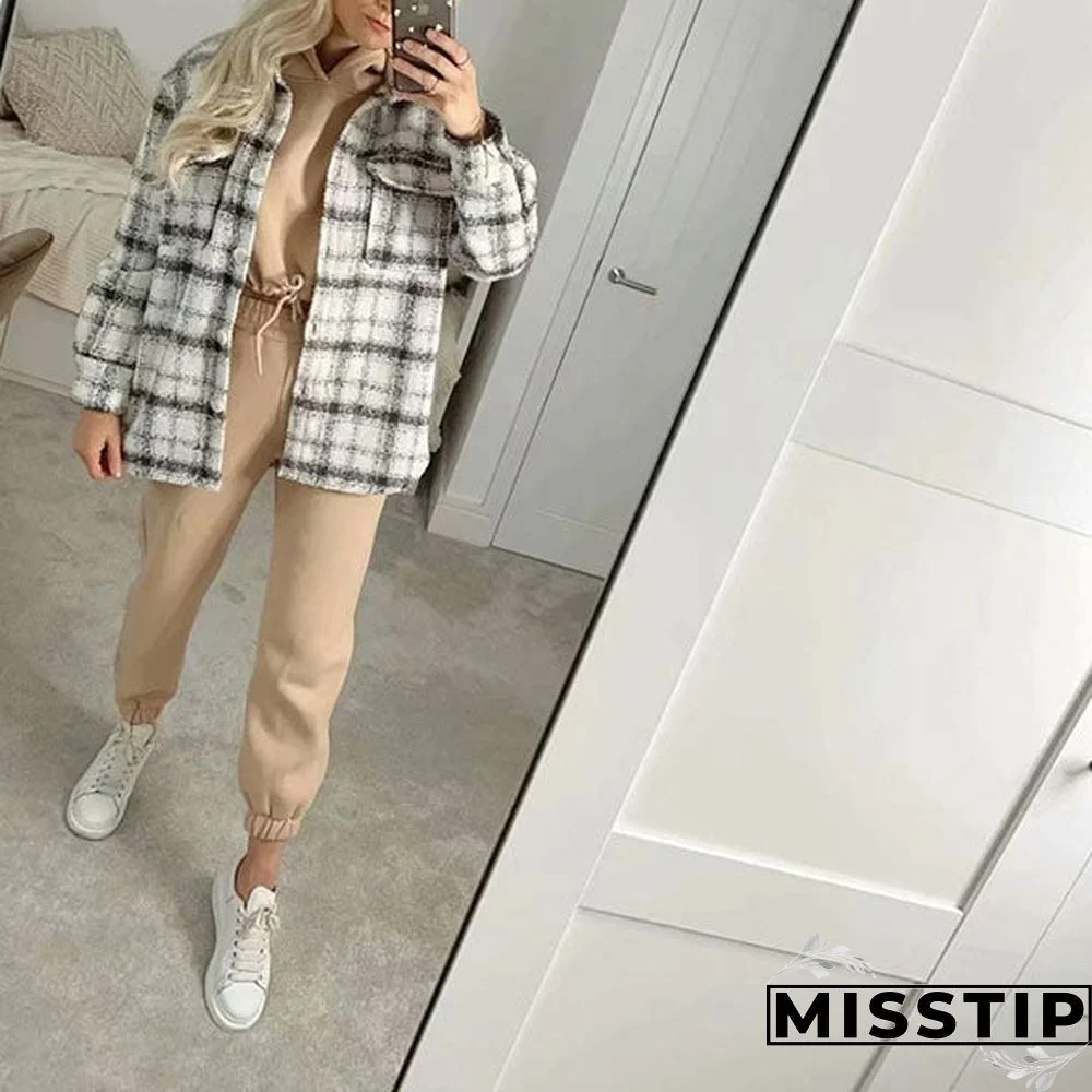 Classic Thick Colorblock Checked Button Down Shirt Jacket Woolen