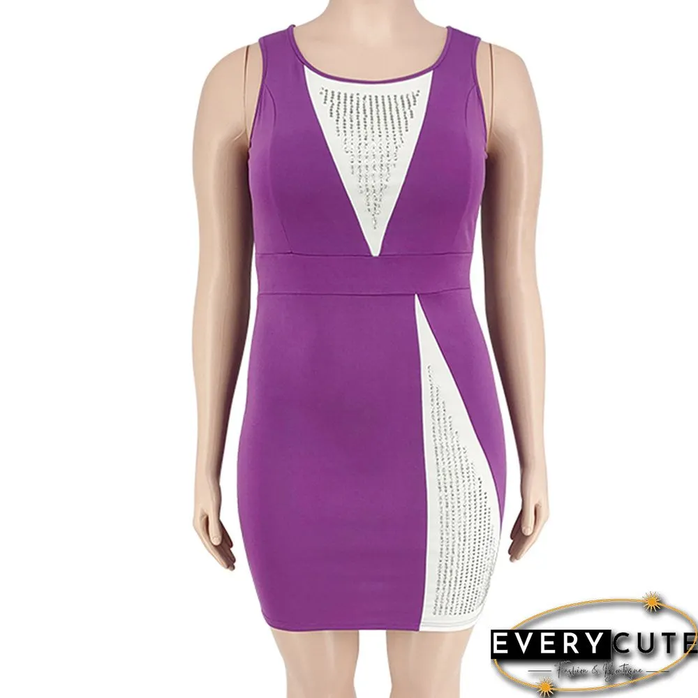 Purple Spliced White Rhinestone Sleeveless Plus Size Dress