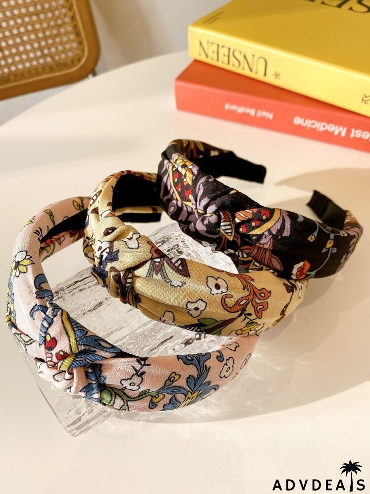 3pcs Flower Print Knot Detail Headband