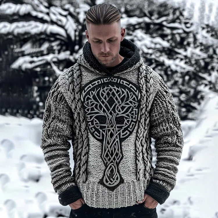 Men's Viking Tribal Jacquard Celtic With Tree Of Life Inspired Chunky Knit Hooded Sweater