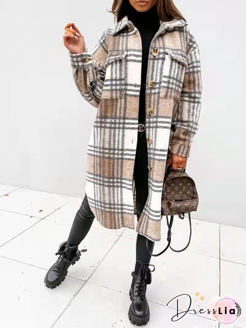 Plaid Print Long Sleeve Woolen Long Coat