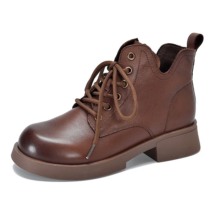 Vintage Leather Lace-Up Mid-Heel Boots - yankia