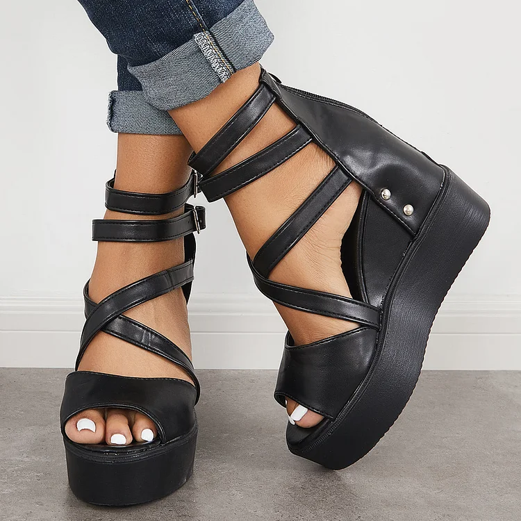Gothic Peep Toe Platform Hidden Wedge Sandals